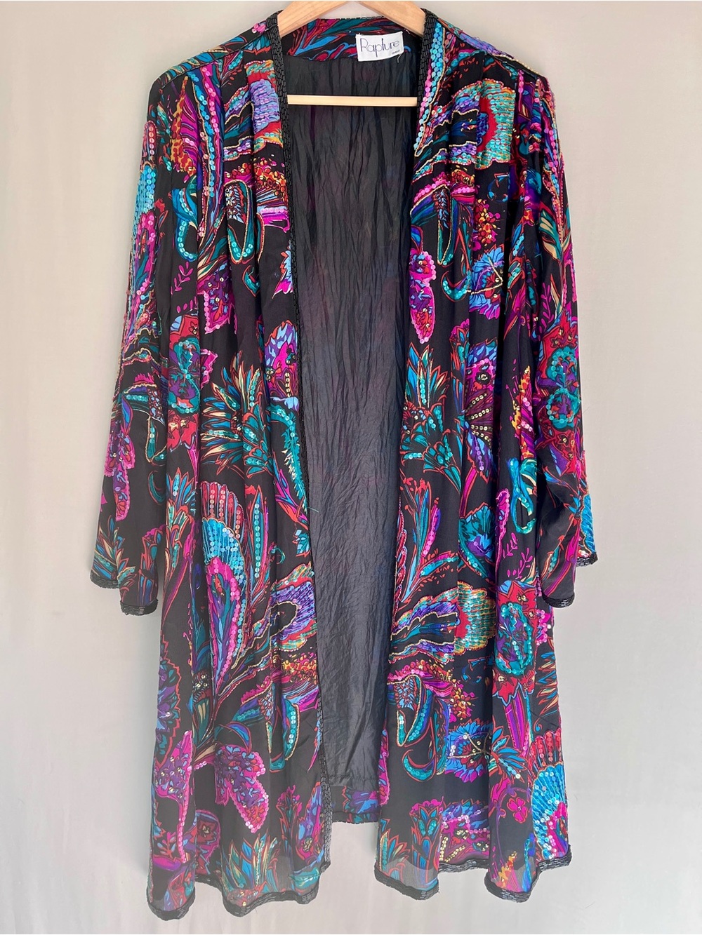 Vintage Paisley Beaded Sequin Kimono Duster Jacket Jewel Tones Size M/L